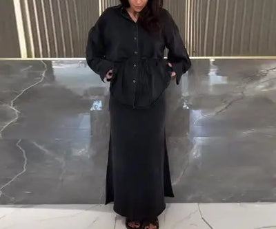 Belt Waist Long Sleeve Cowboy Long Dress