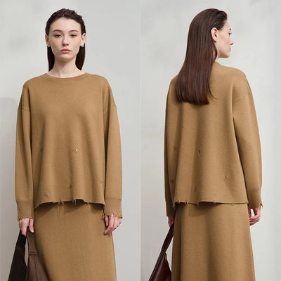 Solid Knitted O-Neck Loose Medium And Long Sweater