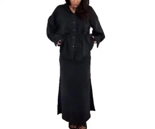 Belt Waist Long Sleeve Cowboy Long Dress