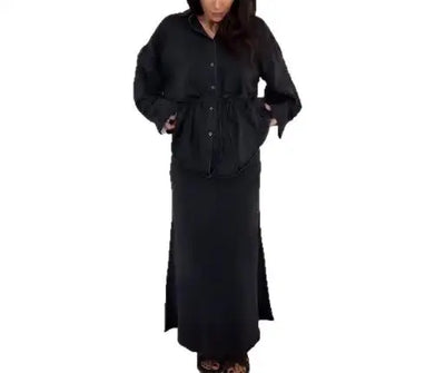 Belt Waist Long Sleeve Cowboy Long Dress