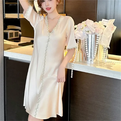 Ice Silk Dress Women Pajamas Summer V-neck
