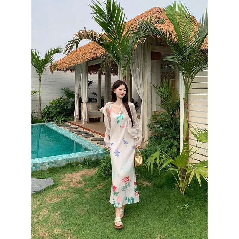 Miyake Pleated Floral Halter Dress