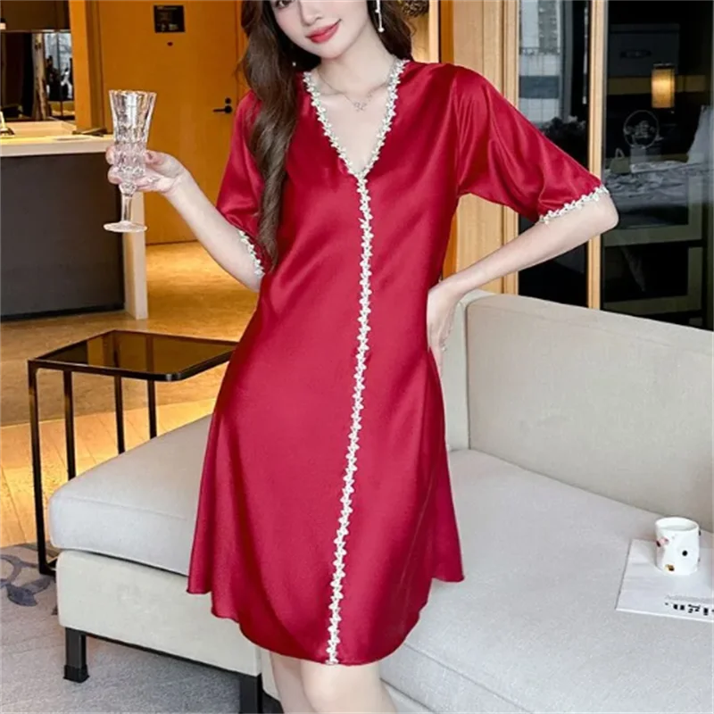 Ice Silk Dress Women Pajamas Summer V-neck