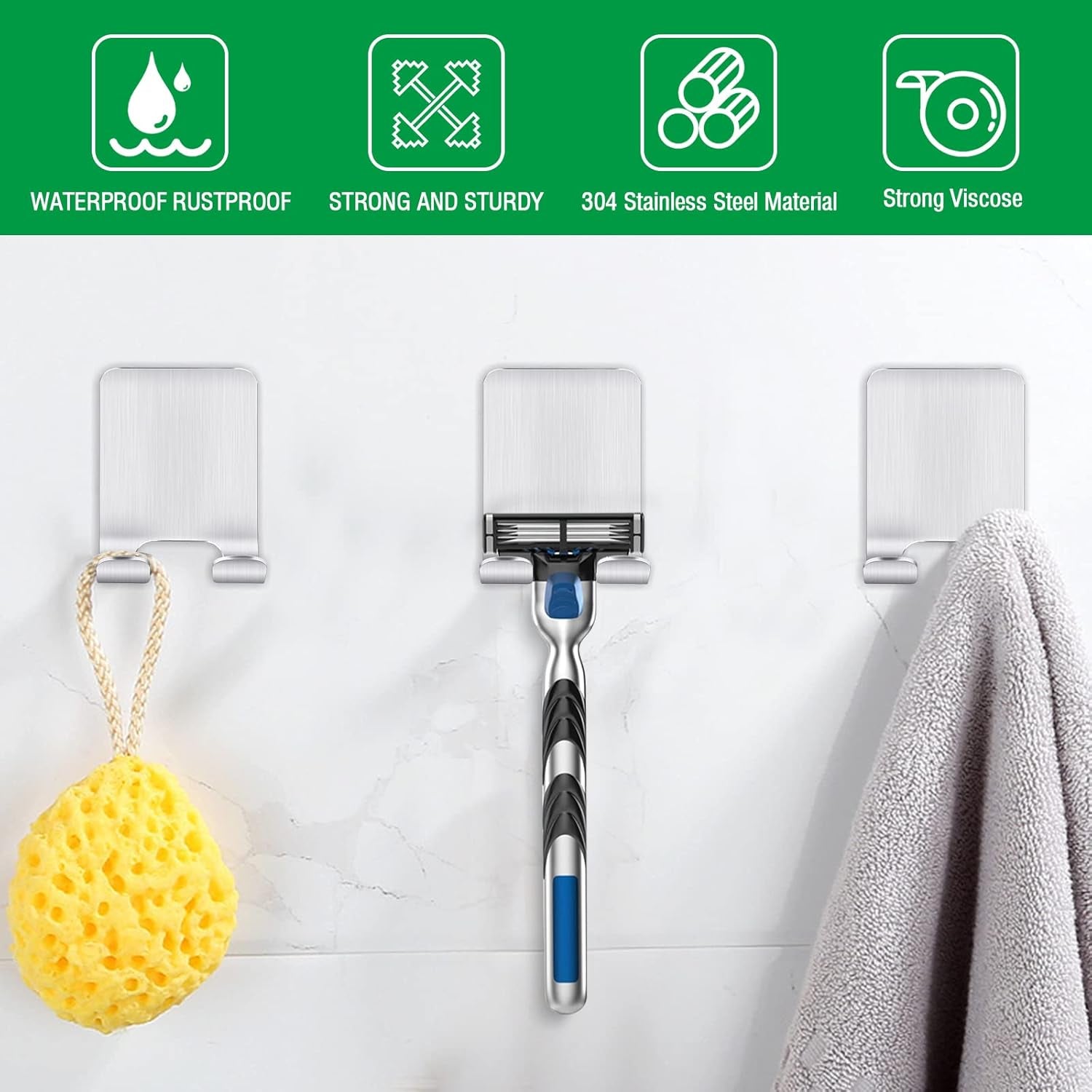2er Set Selbstklebende Rasiererhalter für die Dusche – Edelstahl Haken ohne Bohren, Perfekte Badezimmer Aufbewahrungslösung in Silber