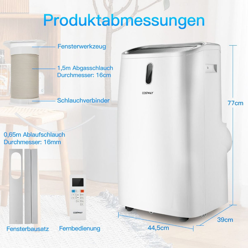 5-in-1 Mobile Klimaanlage mit 16.000 BTU - Kühlen, Ventilieren, Entfeuchten und Heizen, Temperaturskala 16℃-32℃, Maße: 44,5 x 39 x 77 cm, Farbe Weiß