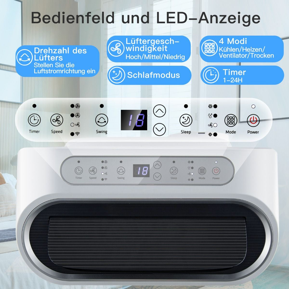 5-in-1 Mobile Klimaanlage mit 16.000 BTU - Kühlen, Ventilieren, Entfeuchten und Heizen, Temperaturskala 16℃-32℃, Maße: 44,5 x 39 x 77 cm, Farbe Weiß
