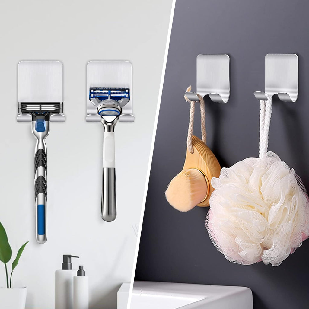 2er Set Selbstklebende Rasiererhalter für die Dusche – Edelstahl Haken ohne Bohren, Perfekte Badezimmer Aufbewahrungslösung in Silber