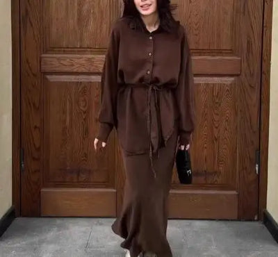 Belt Waist Long Sleeve Cowboy Long Dress