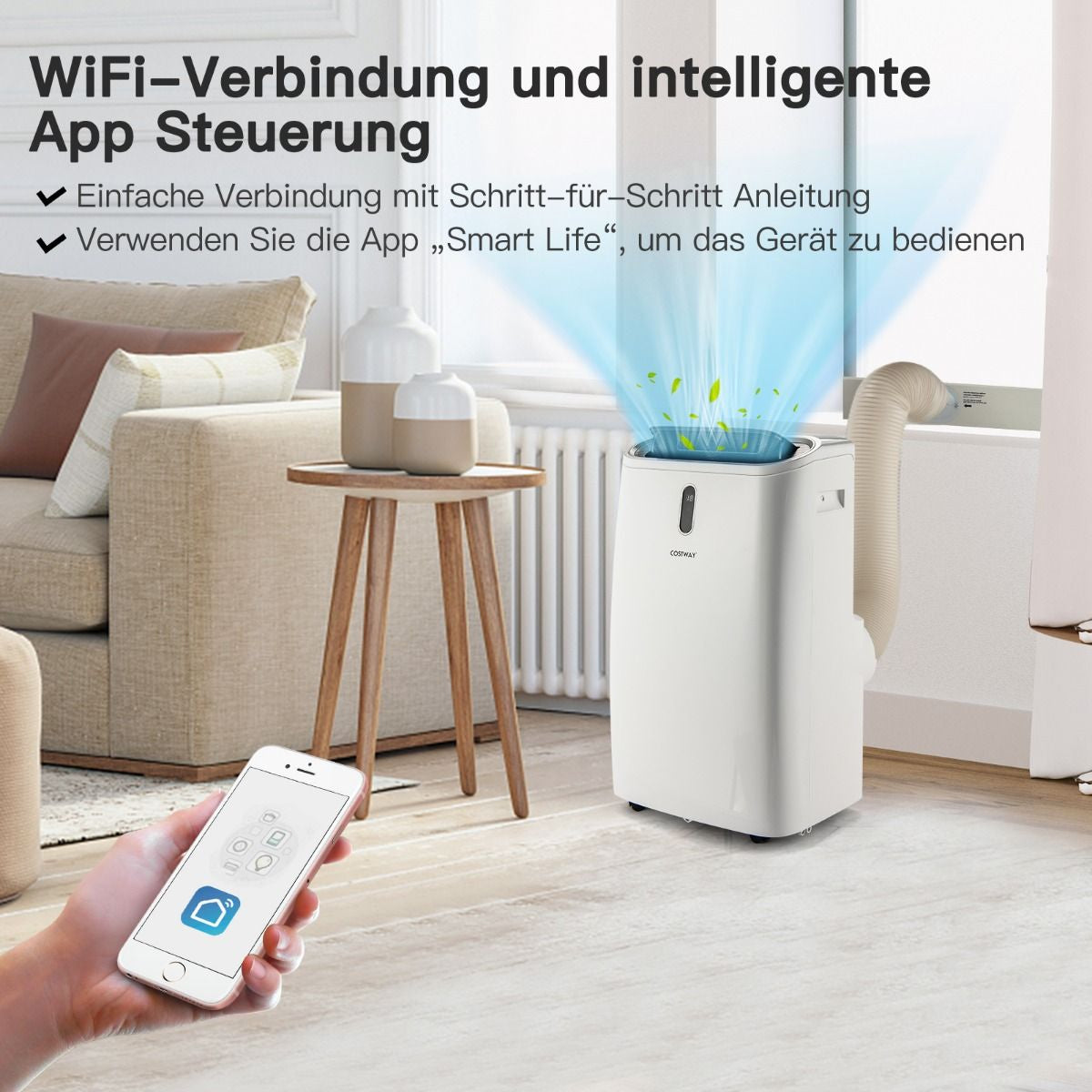 5-in-1 Mobile Klimaanlage mit 16.000 BTU - Kühlen, Ventilieren, Entfeuchten und Heizen, Temperaturskala 16℃-32℃, Maße: 44,5 x 39 x 77 cm, Farbe Weiß
