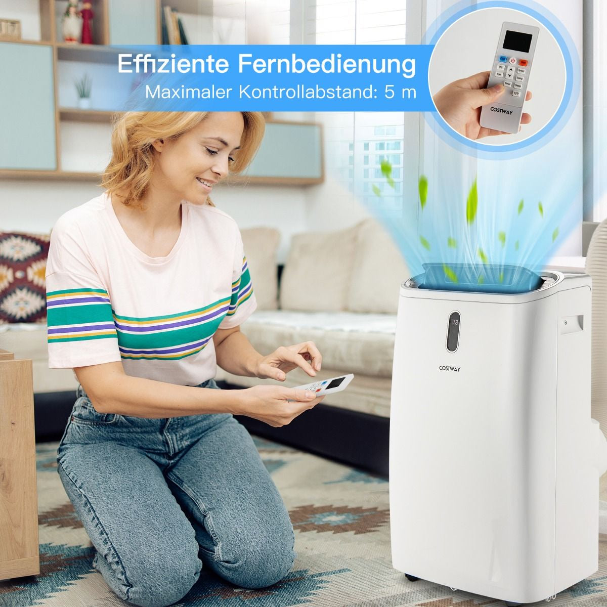 5-in-1 Mobile Klimaanlage mit 16.000 BTU - Kühlen, Ventilieren, Entfeuchten und Heizen, Temperaturskala 16℃-32℃, Maße: 44,5 x 39 x 77 cm, Farbe Weiß