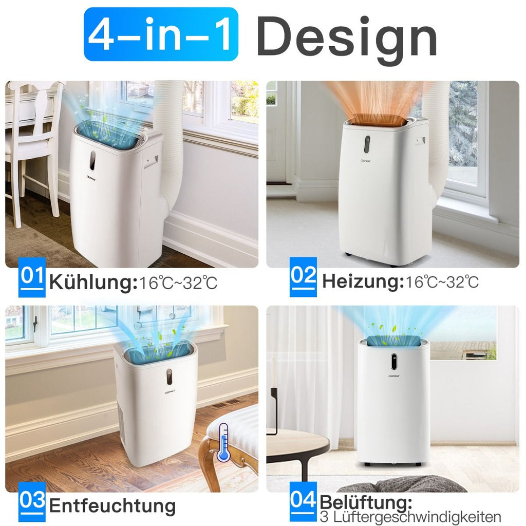 5-in-1 Mobile Klimaanlage mit 16.000 BTU - Kühlen, Ventilieren, Entfeuchten und Heizen, Temperaturskala 16℃-32℃, Maße: 44,5 x 39 x 77 cm, Farbe Weiß