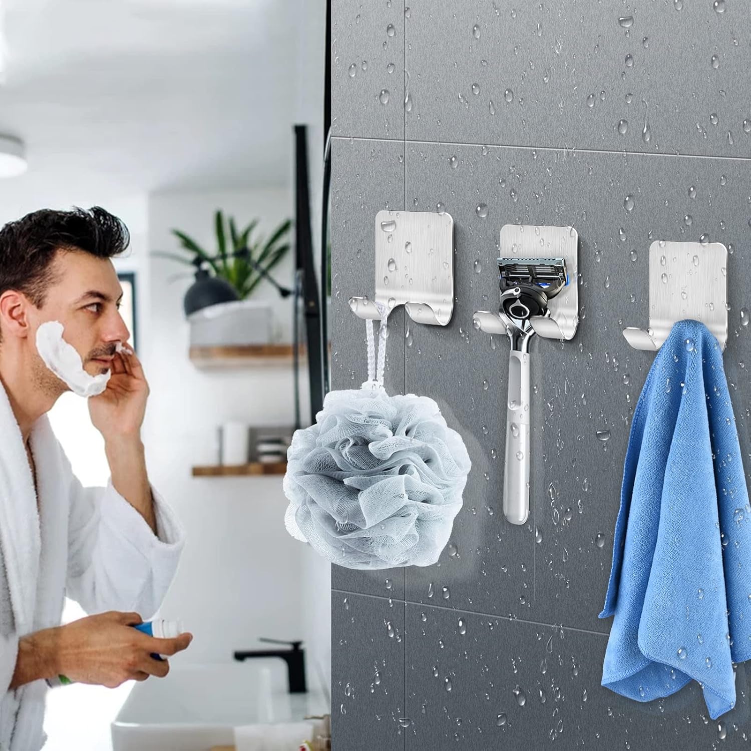 2er Set Selbstklebende Rasiererhalter für die Dusche – Edelstahl Haken ohne Bohren, Perfekte Badezimmer Aufbewahrungslösung in Silber