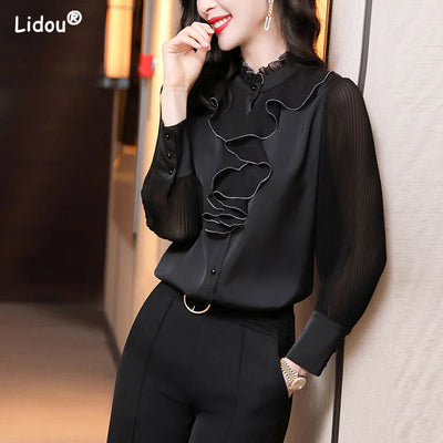 Premium Black Ruffled Straight Office Lady Dress