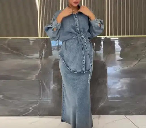 Belt Waist Long Sleeve Cowboy Long Dress