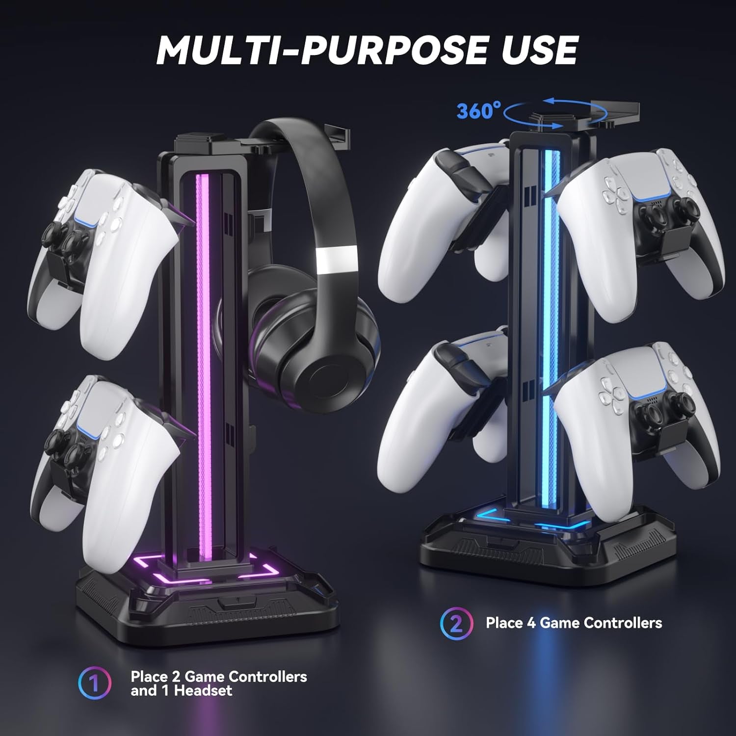 KDD RGB Gaming Headset Stand with 9 Light Modes - Rotating Controller Holder & Removable Hook for PS5, Xbox One & PC (Black)
