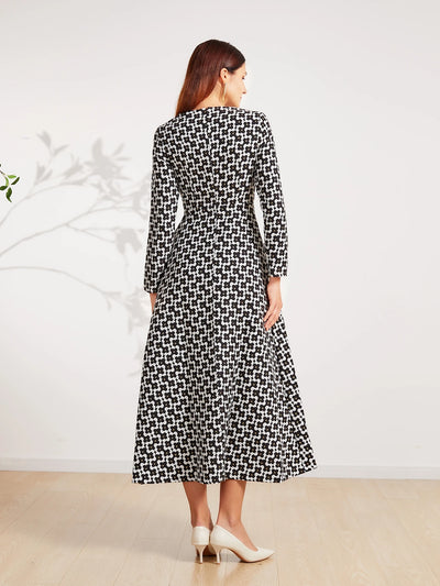 Vintage Gold Thread Jacquard  Long Sleeve Dress