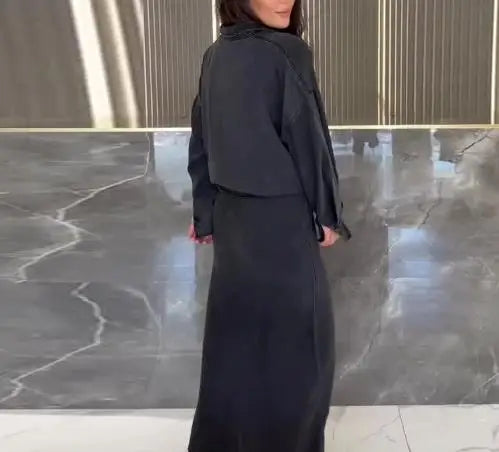 Belt Waist Long Sleeve Cowboy Long Dress