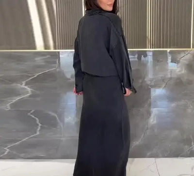 Belt Waist Long Sleeve Cowboy Long Dress