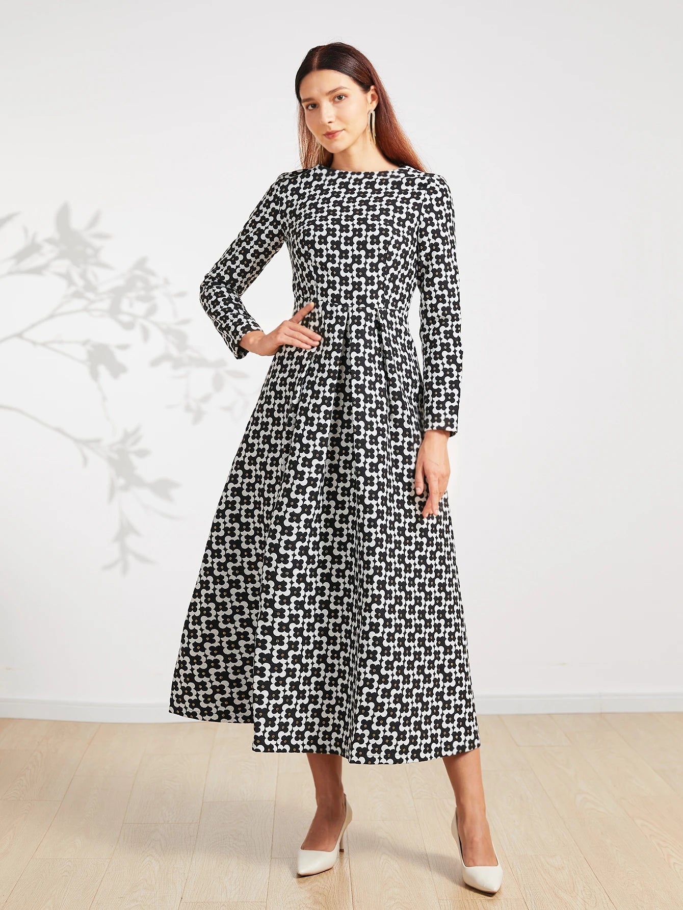 Vintage Gold Thread Jacquard  Long Sleeve Dress