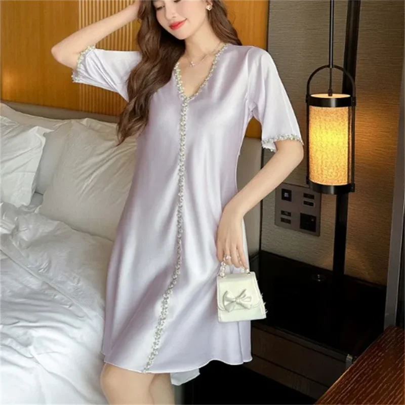 Ice Silk Dress Women Pajamas Summer V-neck
