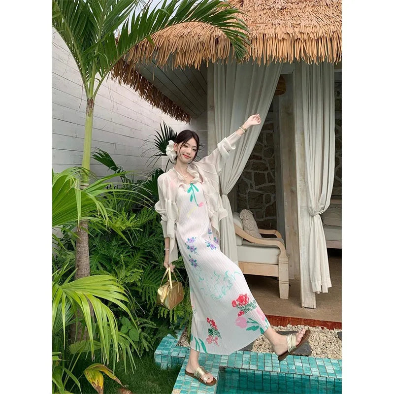 Miyake Pleated Floral Halter Dress