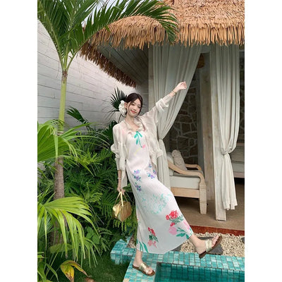 Miyake Pleated Floral Halter Dress