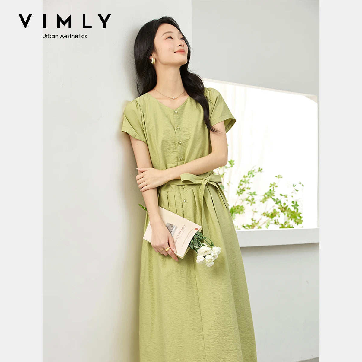 VIMLY Summer 2025 Casual Green Pleated