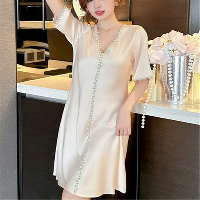 Ice Silk Dress Women Pajamas Summer V-neck
