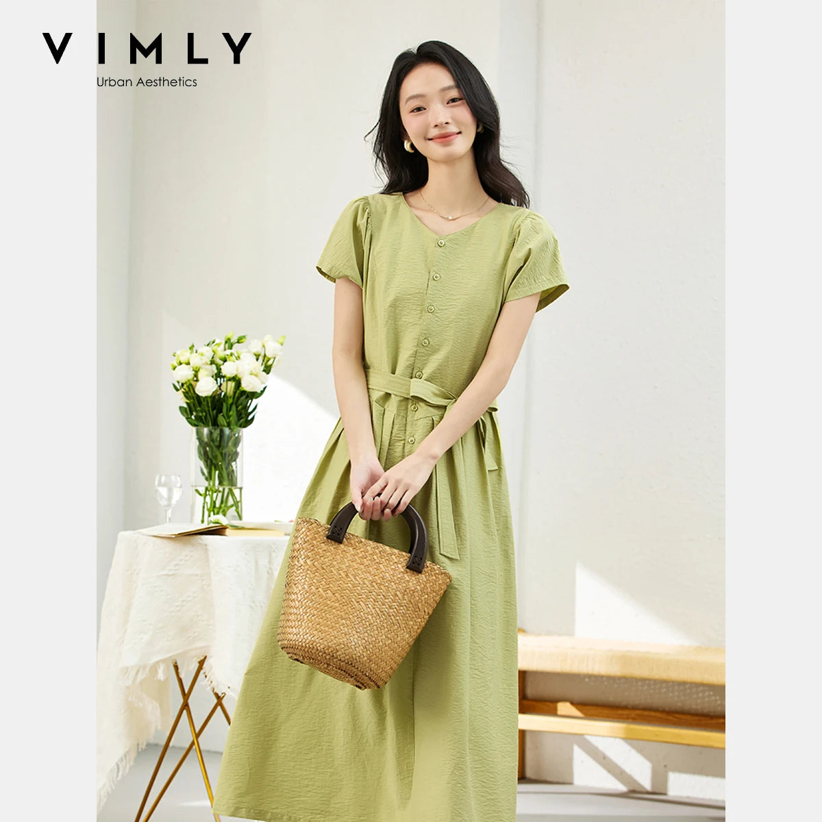 VIMLY Summer 2025 Casual Green Pleated