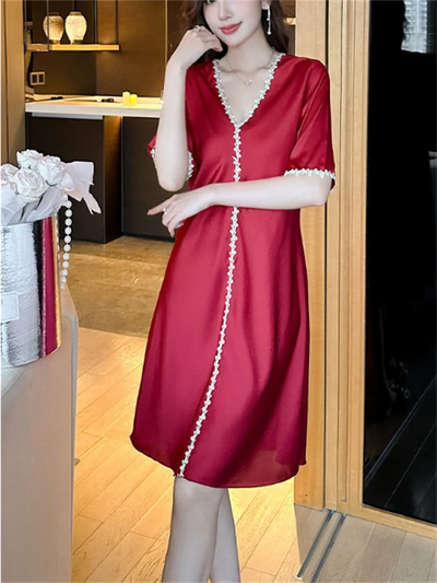 Ice Silk Dress Women Pajamas Summer V-neck