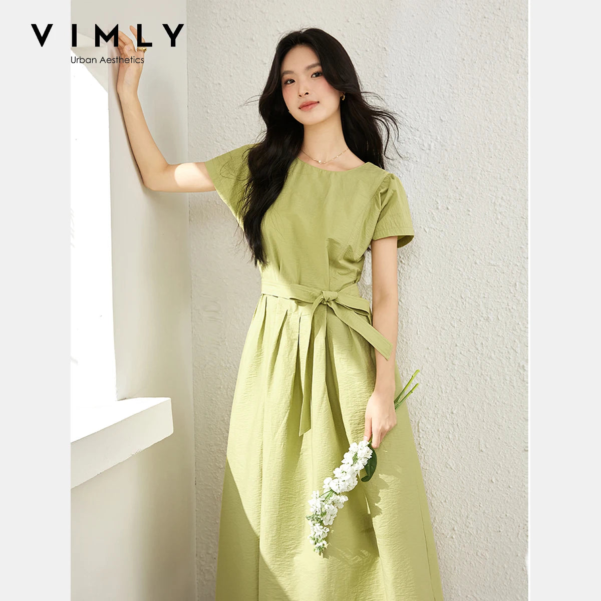 VIMLY Summer 2025 Casual Green Pleated