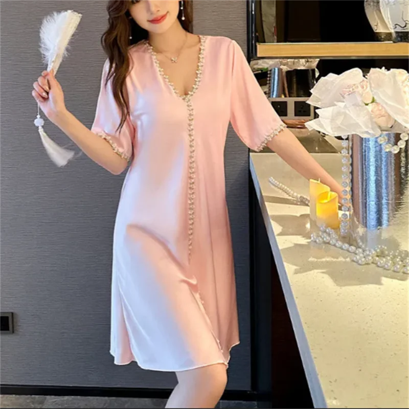 Ice Silk Dress Women Pajamas Summer V-neck