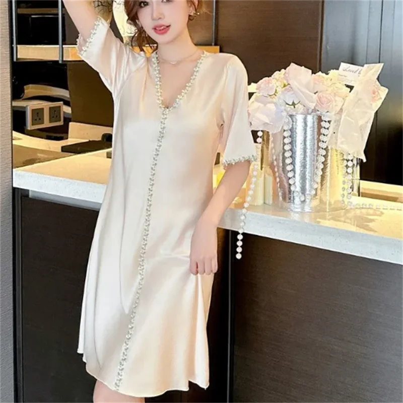 Ice Silk Dress Women Pajamas Summer V-neck